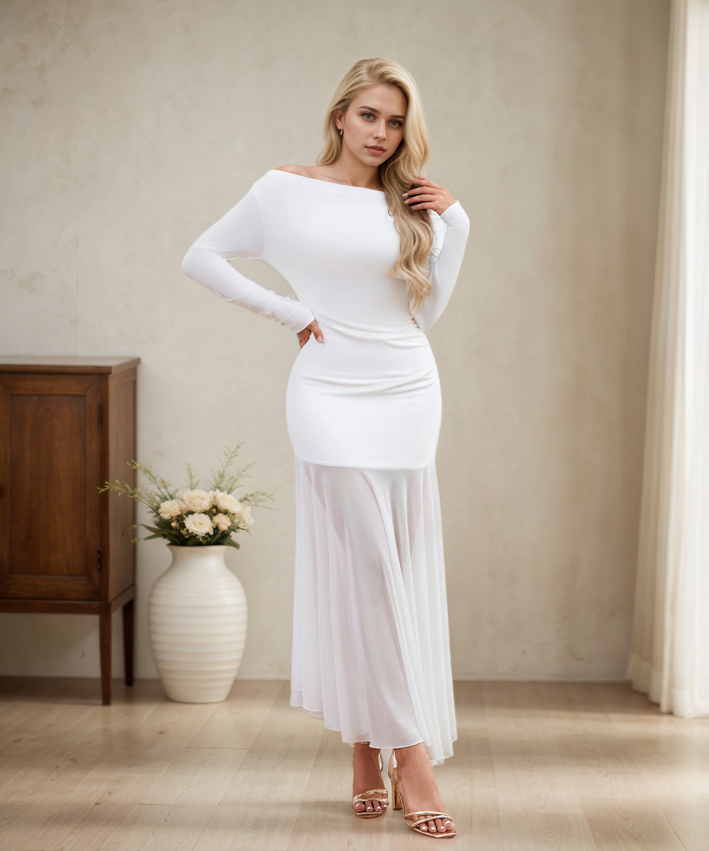 Curvphilo Mesh Long Sleeve Bodycon Maxi Dress-White