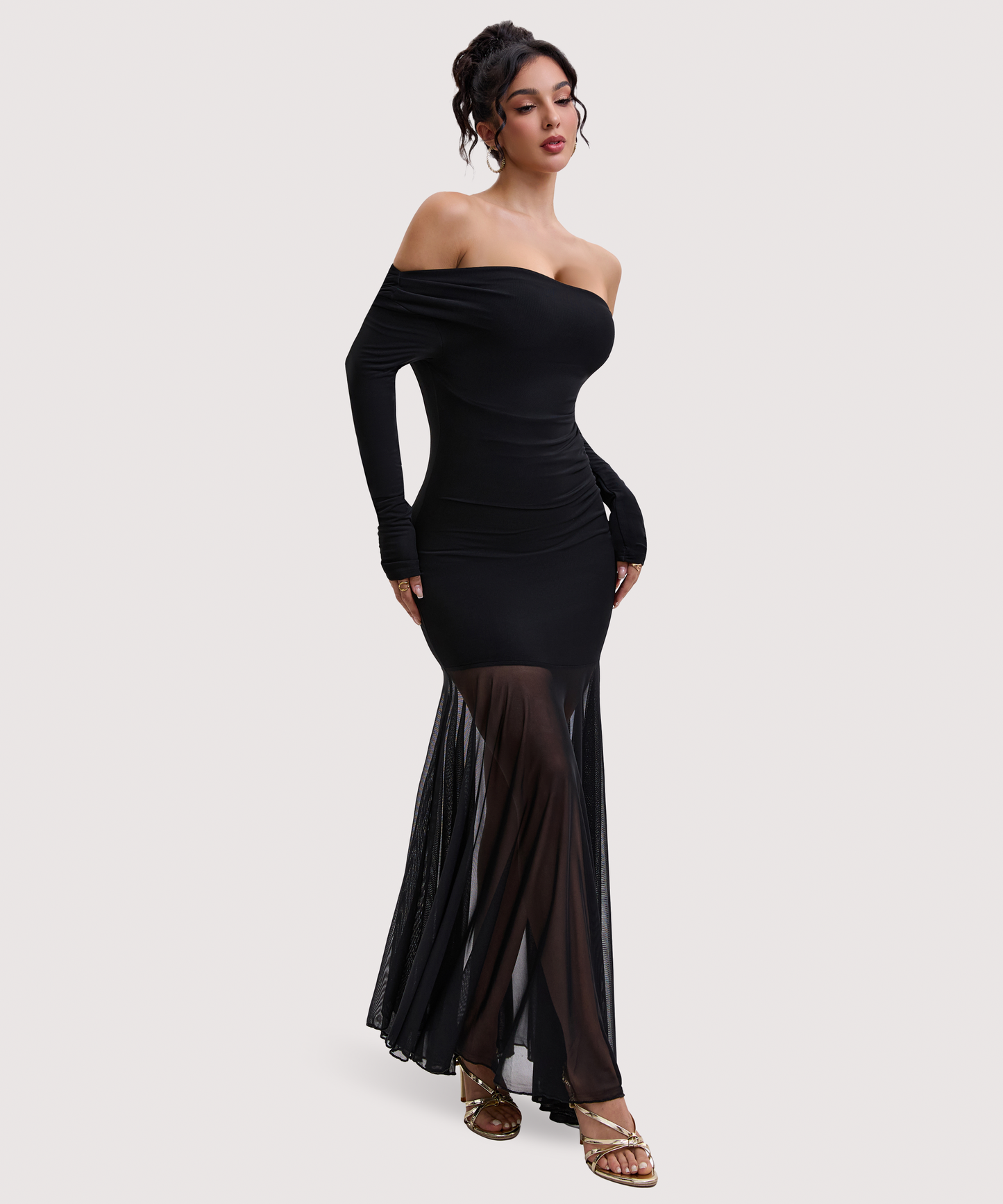 Curvphilo Mesh Long Sleeve Bodycon Maxi Dress-Black