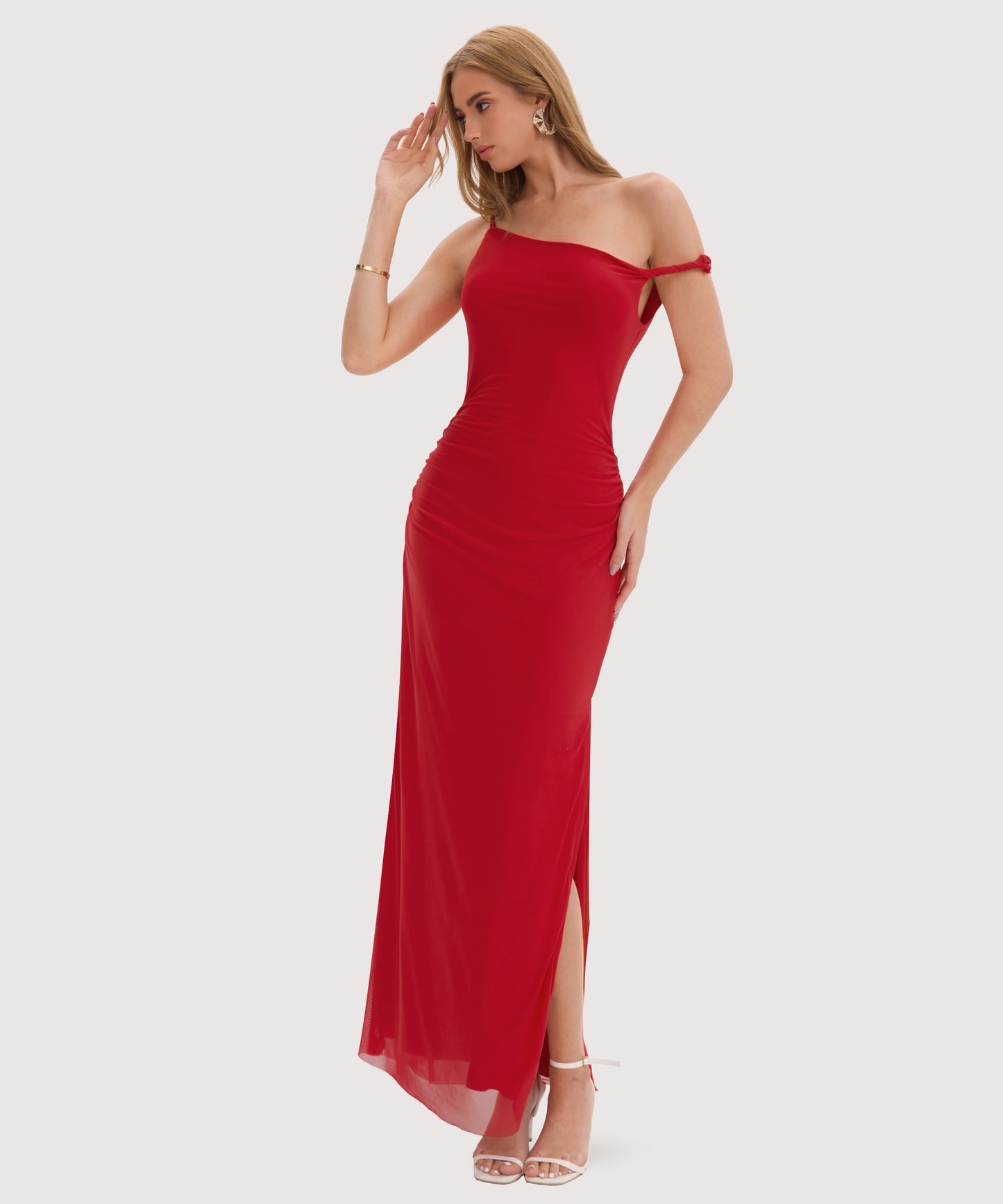 Twist Strap Side Slit Maxi Dress-Red