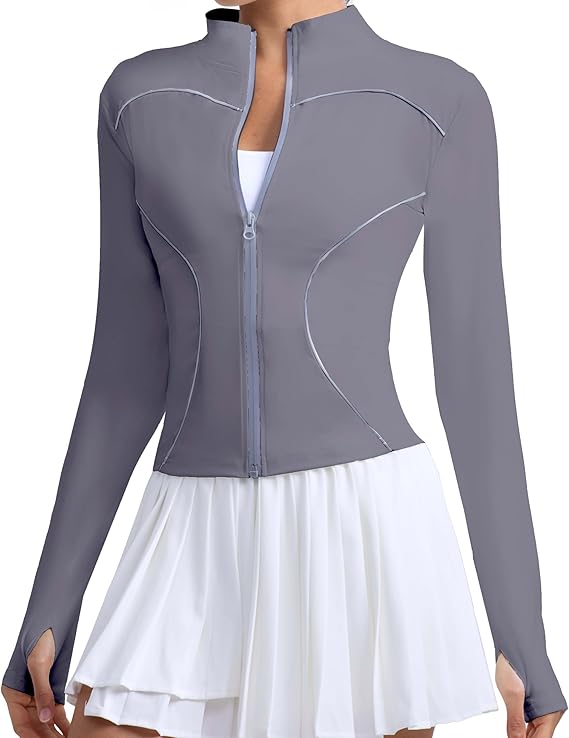 Workout Jackets for Women With Thumb Holes Full Zip Reflective Athletic Running Track Jacket Slim Fit Yoga Jacket