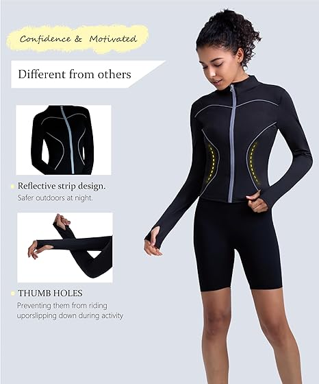 Workout Jackets for Women With Thumb Holes Full Zip Reflective Athletic Running Track Jacket Slim Fit Yoga Jacket