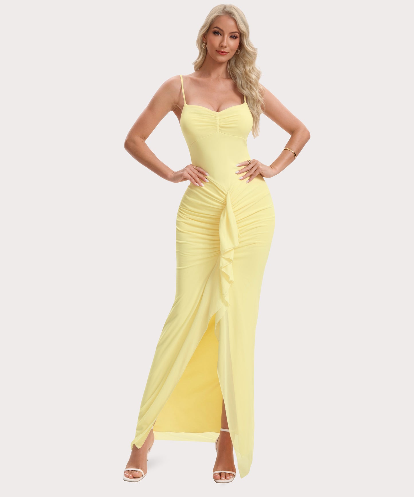 Spaghetti Strap Maxi Dress with Front Slit and Ruffle-Yellow