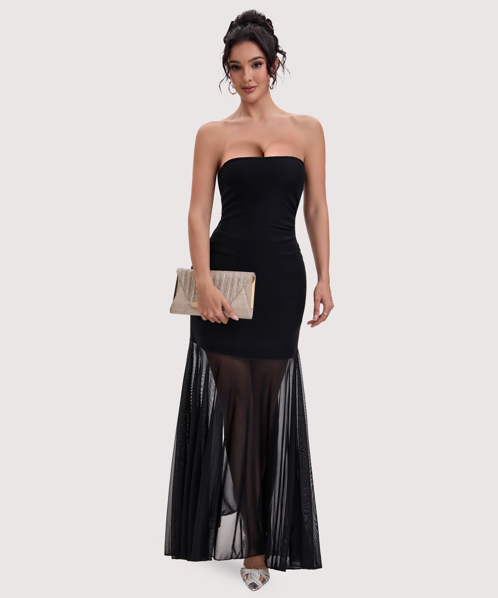 Curvphilo Mesh Strapless Bodycon Maxi Dress-Black