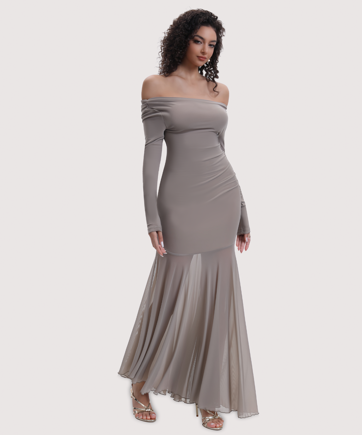 Curvphilo Mesh Long Sleeve Bodycon Maxi Dress-Khaki