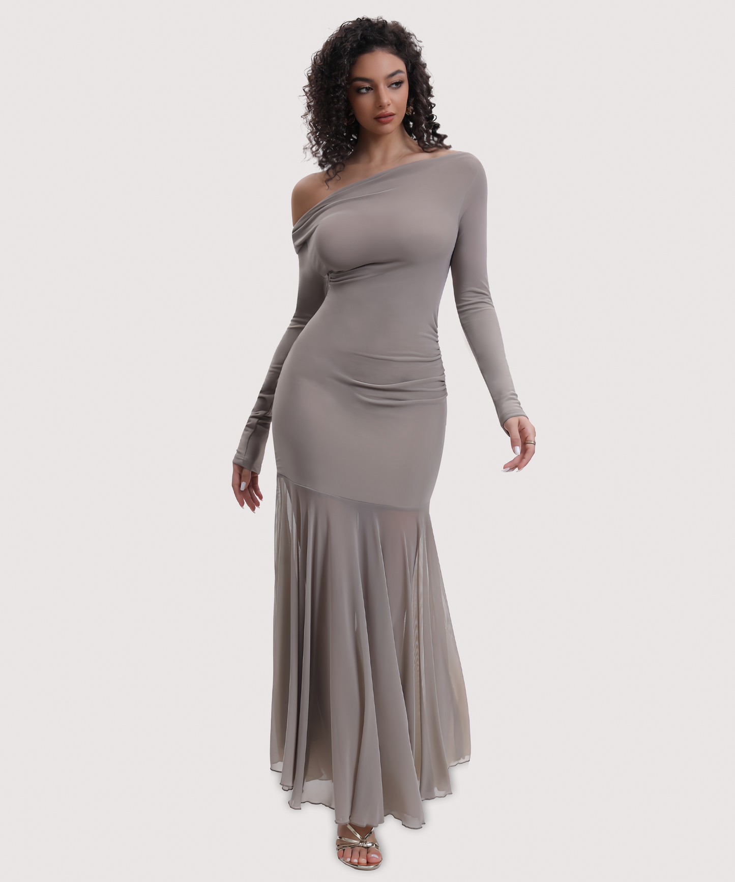 Curvphilo Mesh Long Sleeve Bodycon Maxi Dress-Khaki