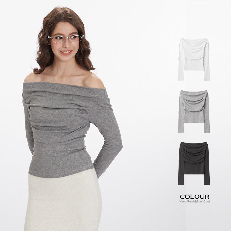 Ruched Off-the-Shoulder Slim Fit Long Sleeve Top
