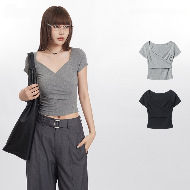 Cross V-neck pleated short-sleeved T-shirt