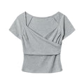 Cross V-neck pleated short-sleeved T-shirt