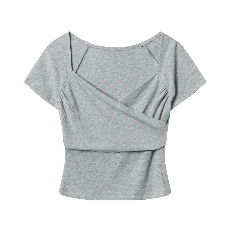 Cross V-neck pleated short-sleeved T-shirt