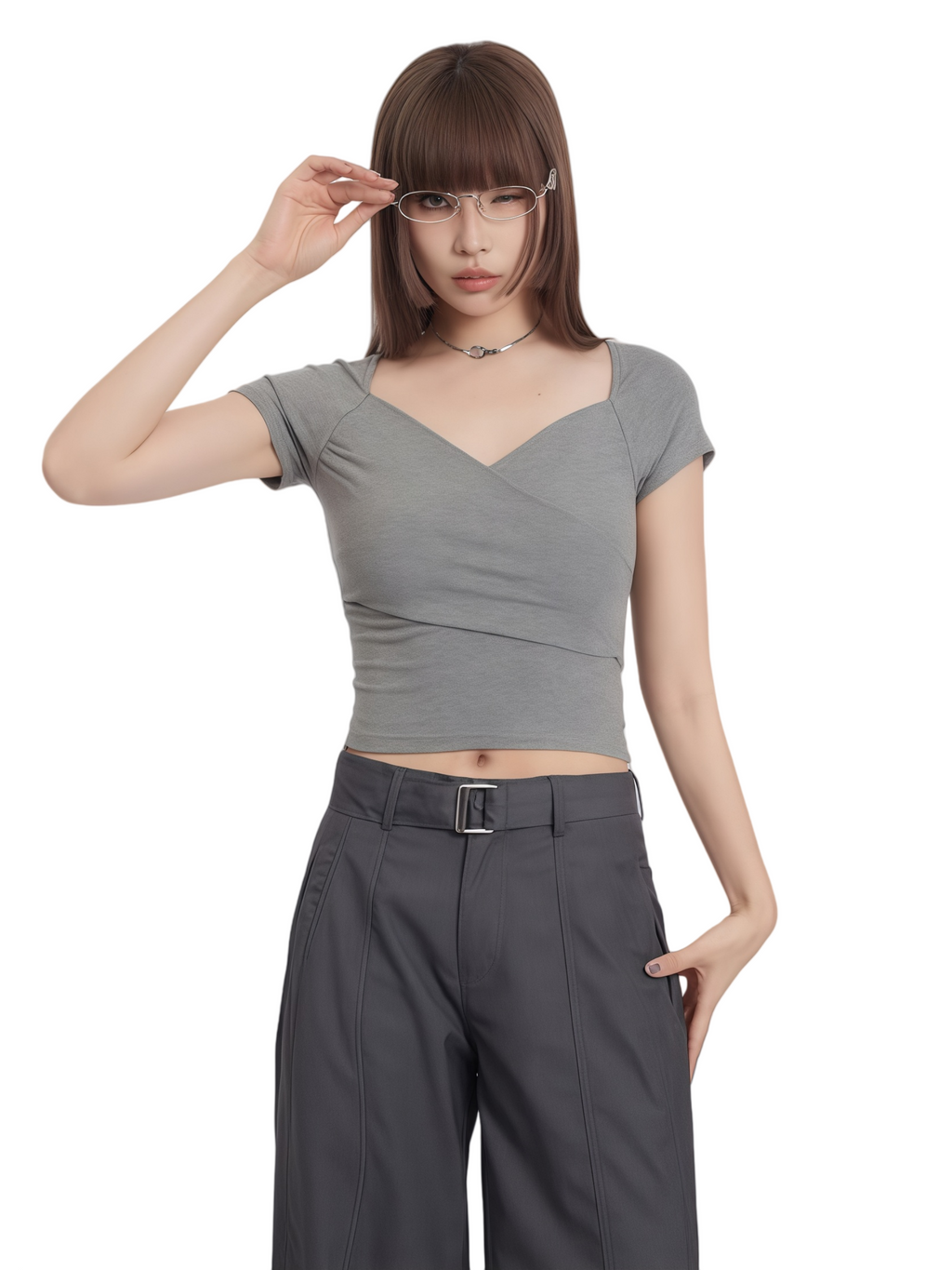Cross V-neck pleated short-sleeved T-shirt
