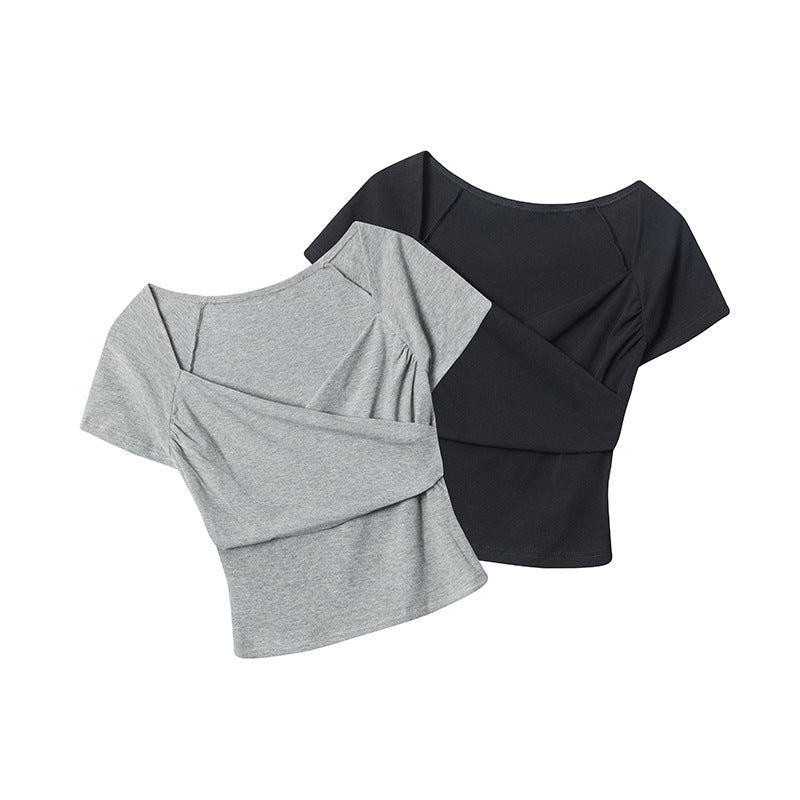 Cross V-neck pleated short-sleeved T-shirt