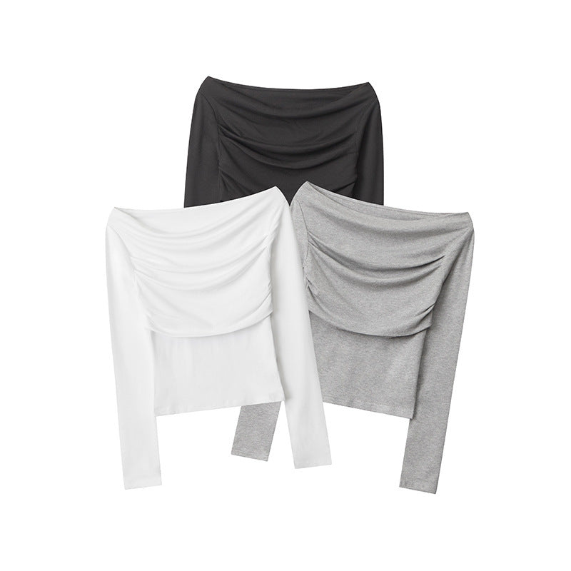 Ruched Off-the-Shoulder Slim Fit Long Sleeve Top