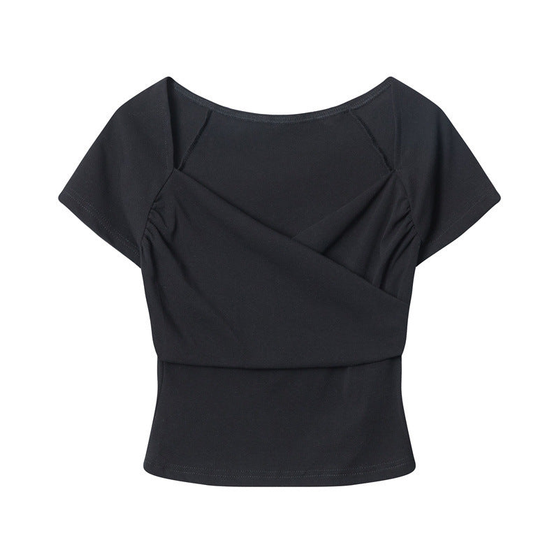 Cross V-neck pleated short-sleeved T-shirt